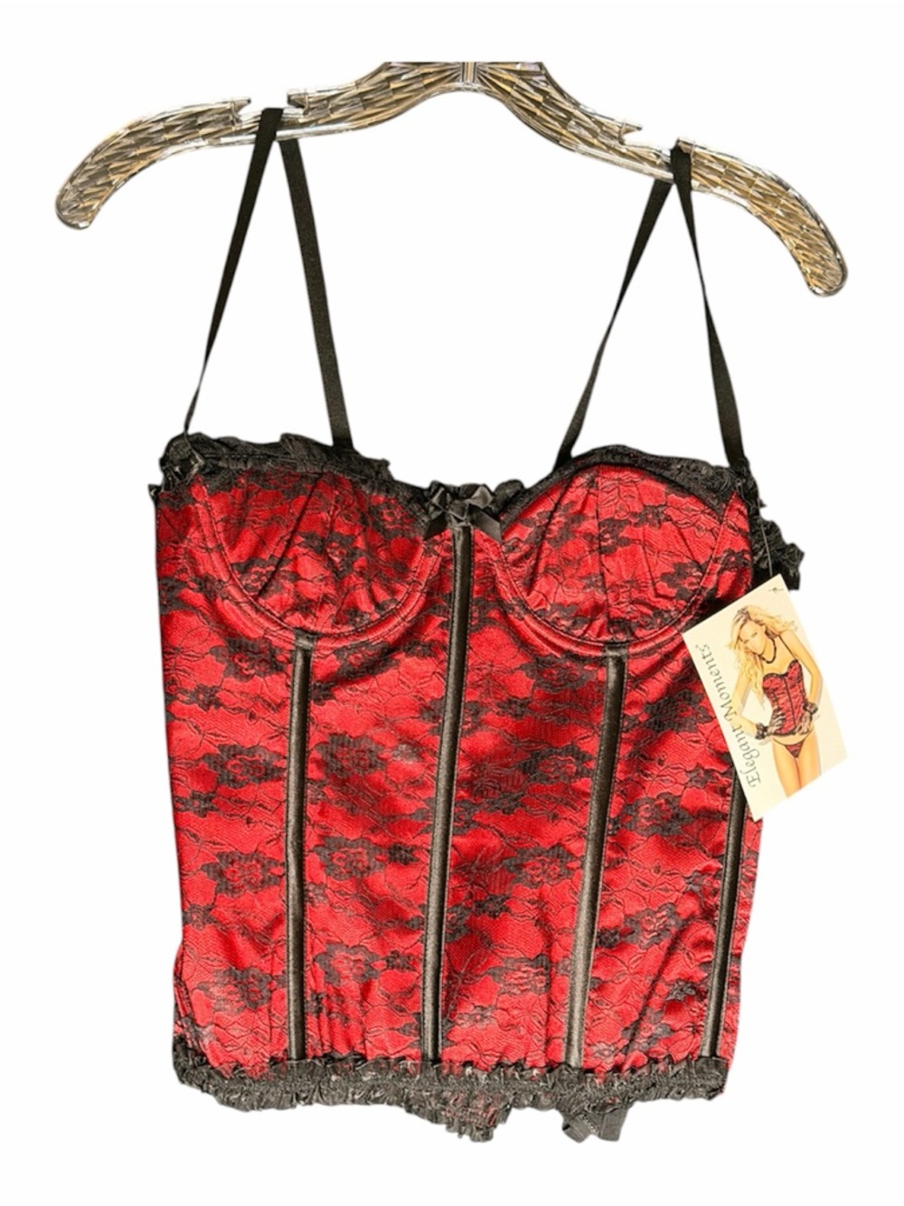 ♊️Elegant Black Lace Trim RedBustier Corset Top w/matching thong-Women Intimates
